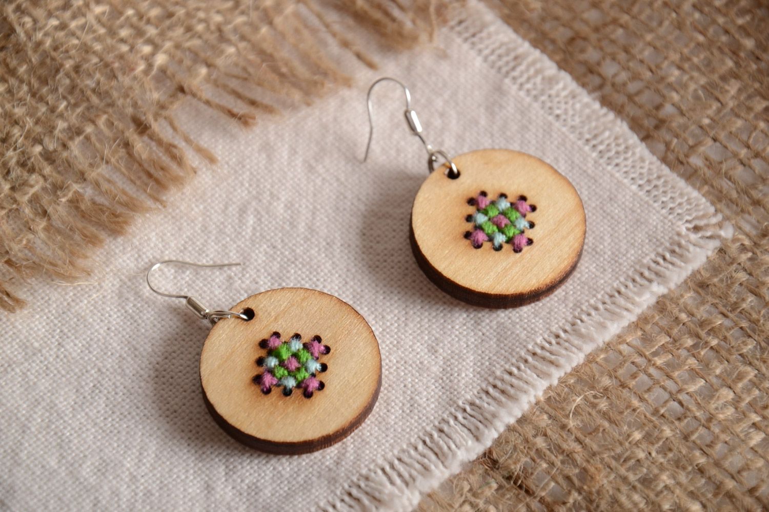 Handmade round plywood earrings with embroidery for bright and beautiful girls photo 1