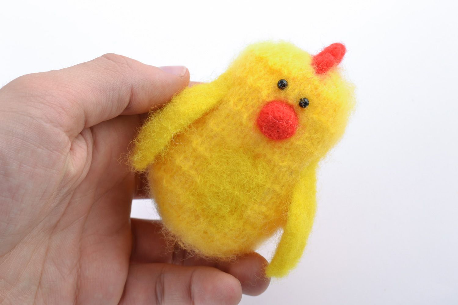 Tiny yellow handmade crochet toy chicken with felted wool tuft photo 2
