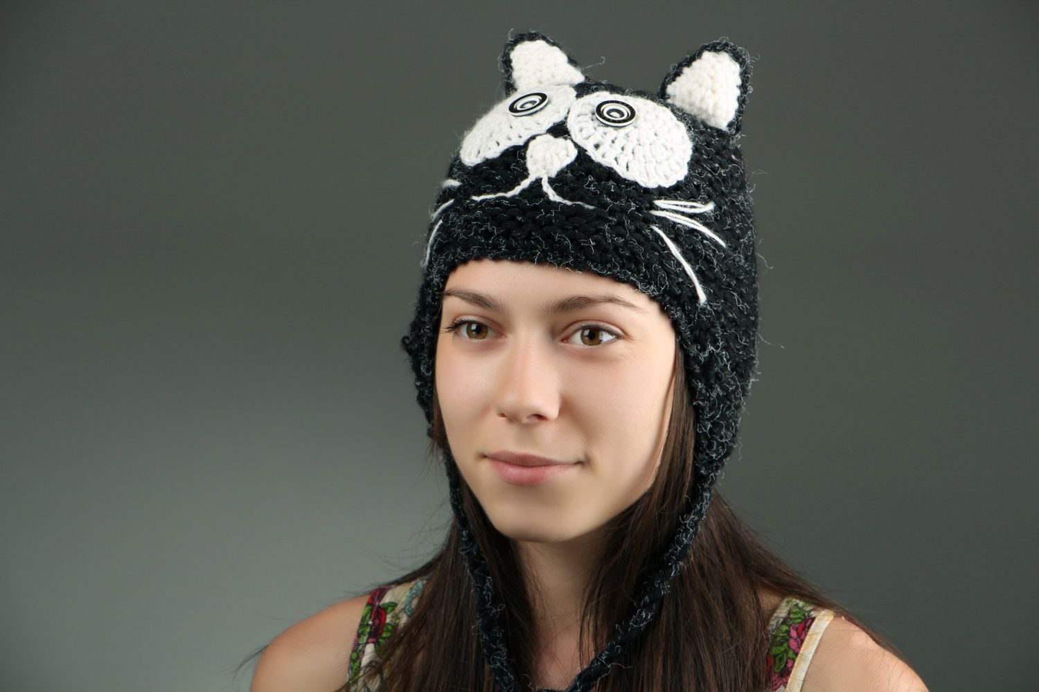 Children's knitted hat Black kitten photo 5