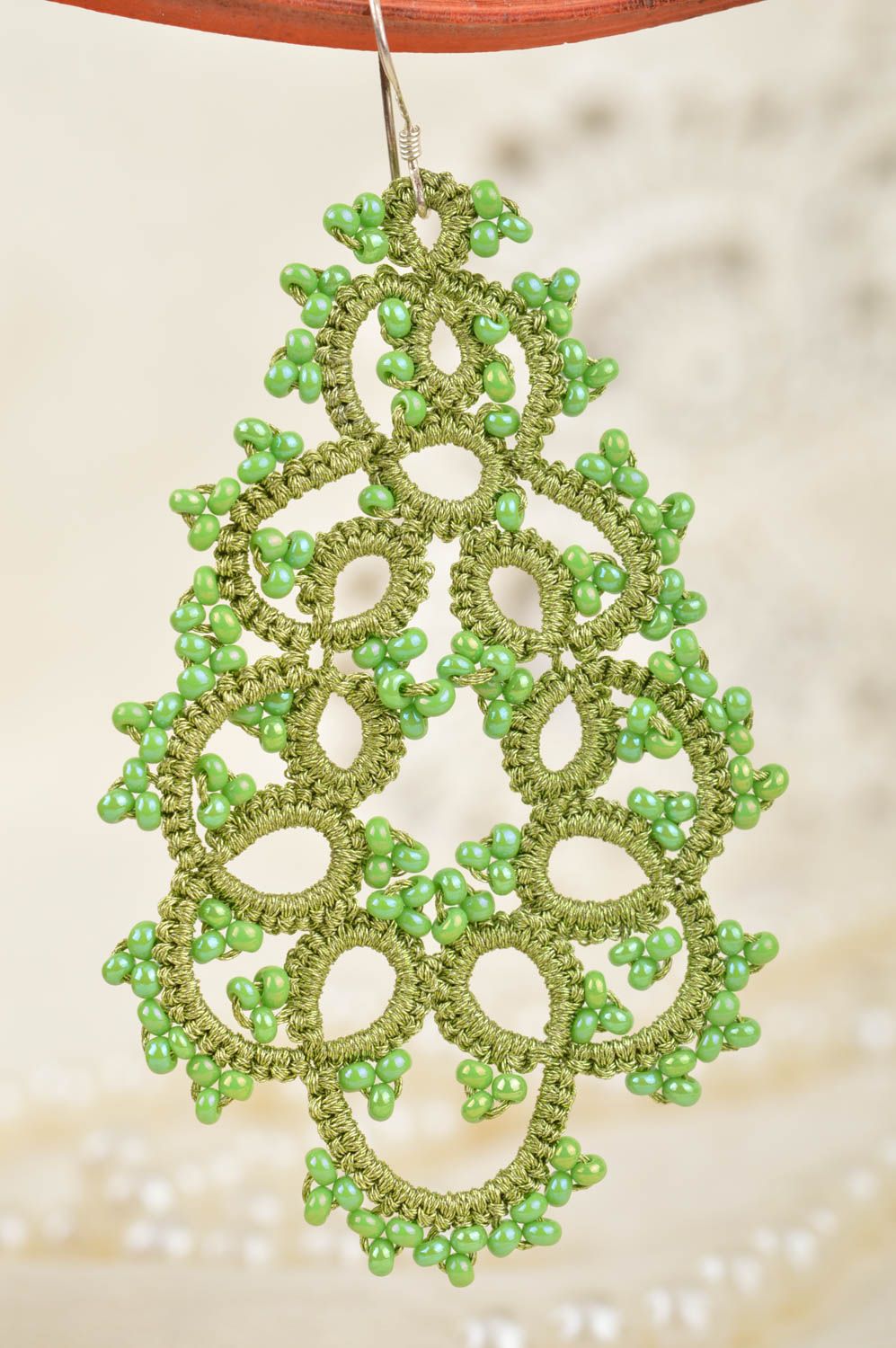 Gentle green handmade tatting lace earrings with beads designer jewelry photo 3