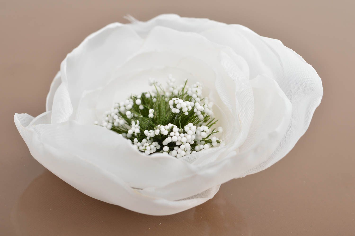 Designer beautiful handmade white chiffon brooch in shape of poppy flower photo 3