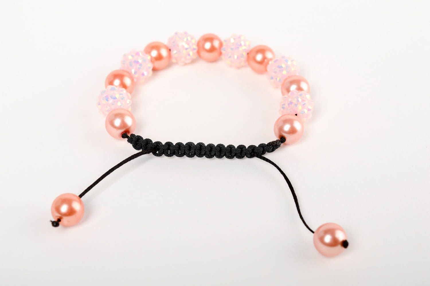 Handmade women's designer macrame woven wrist bracelet with ceramic pearls  photo 3