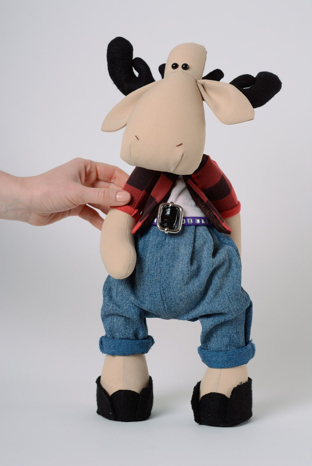 Homemade designer soft toy elk in jeans and checkered shirt photo 1