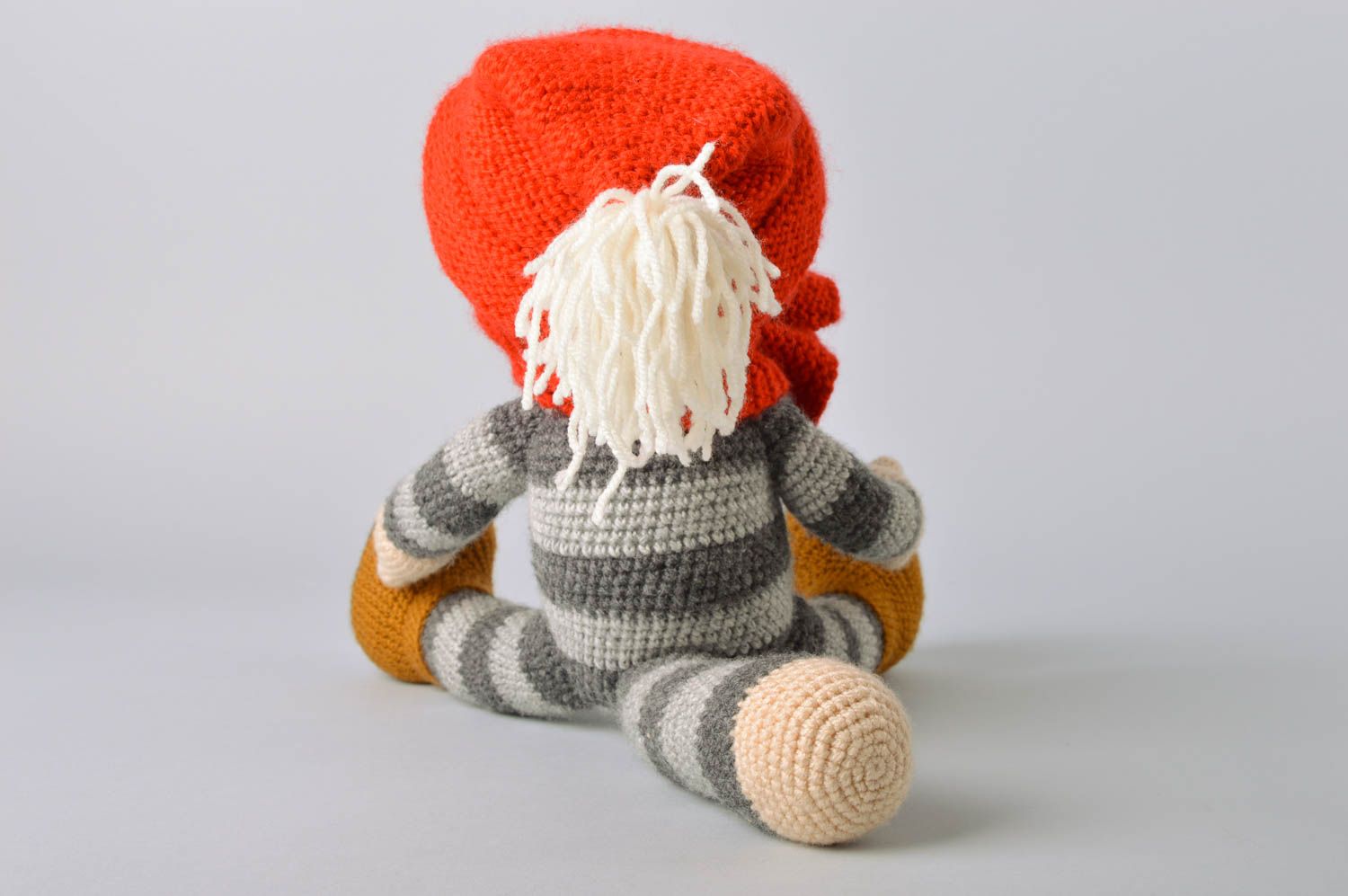 Handmade designer crochet toy striped gray cat in red hat and scarf photo 5