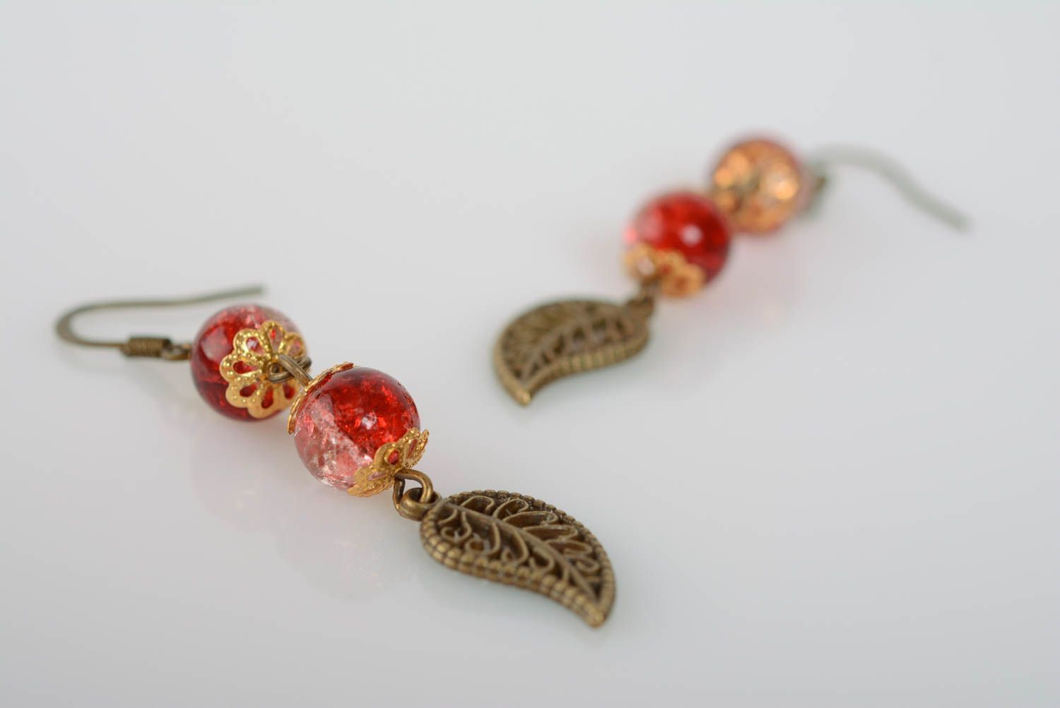 Beautiful earrings with glass beads charms handmade unusual red fancy accessory photo 1