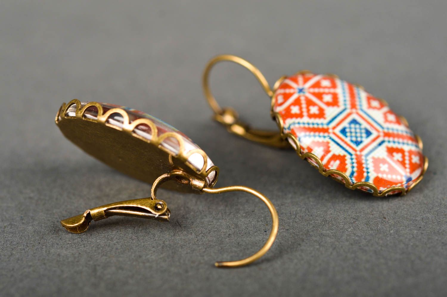 Handmade cabochon earrings round-shaped earrings vintage earrings with print photo 3