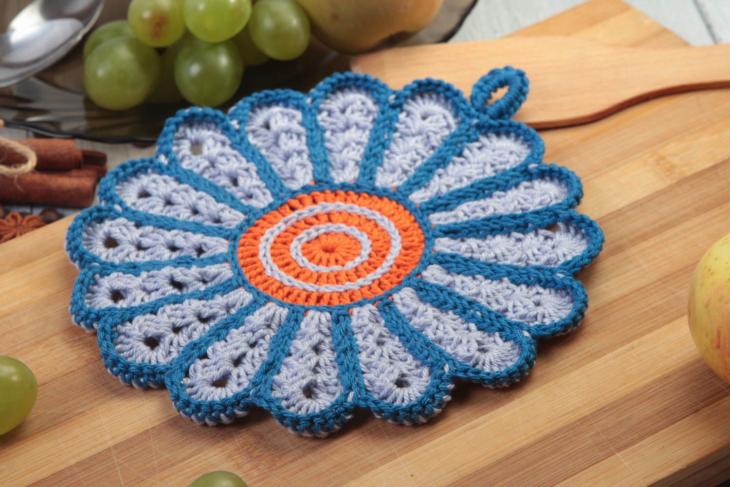 Handmade Häkel Topflappen Küchen Dekoration Accessoire für die Küche blaue Blume foto 1