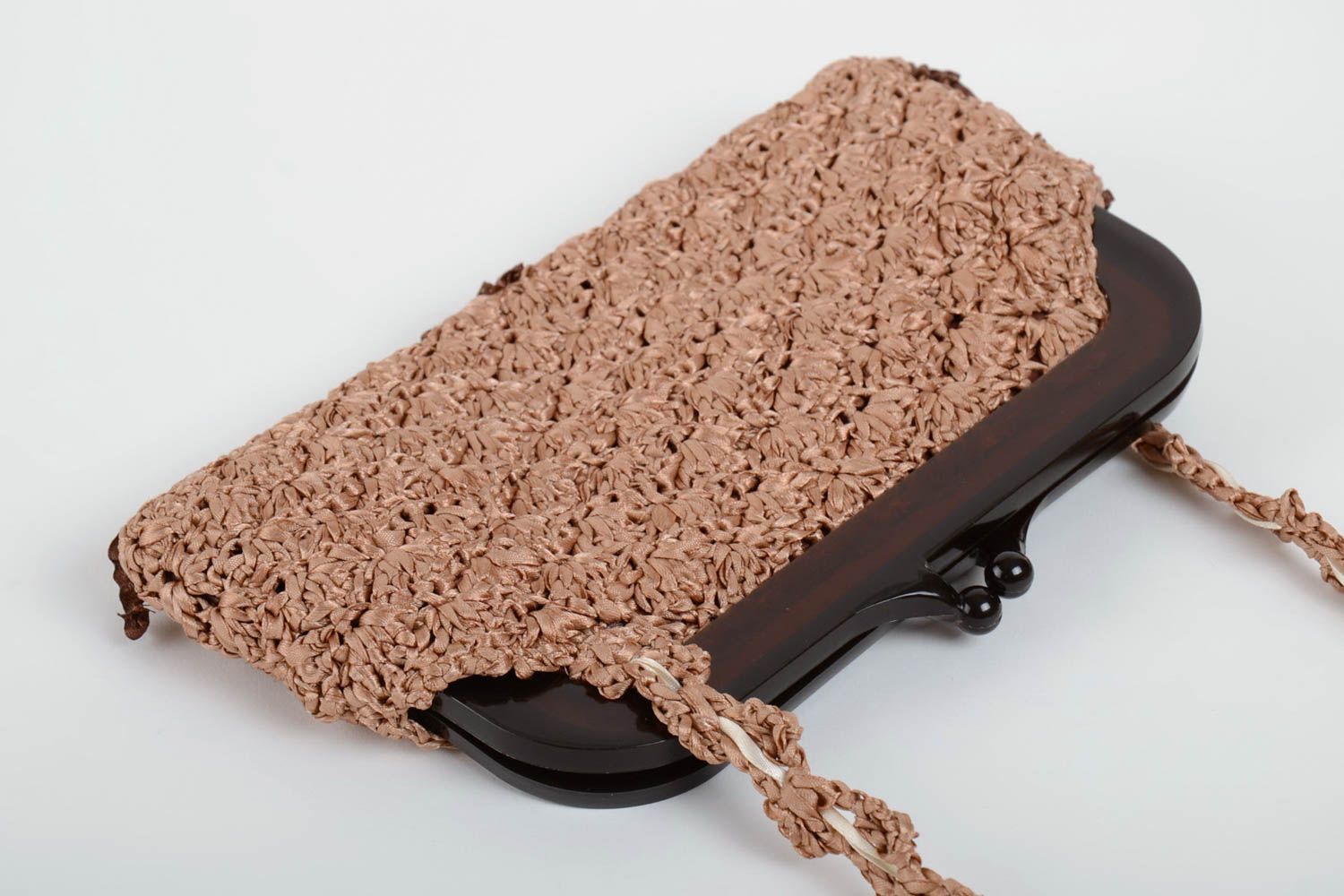 Handmade designer beige crocheted women's clutch bag with beads and bugles photo 3