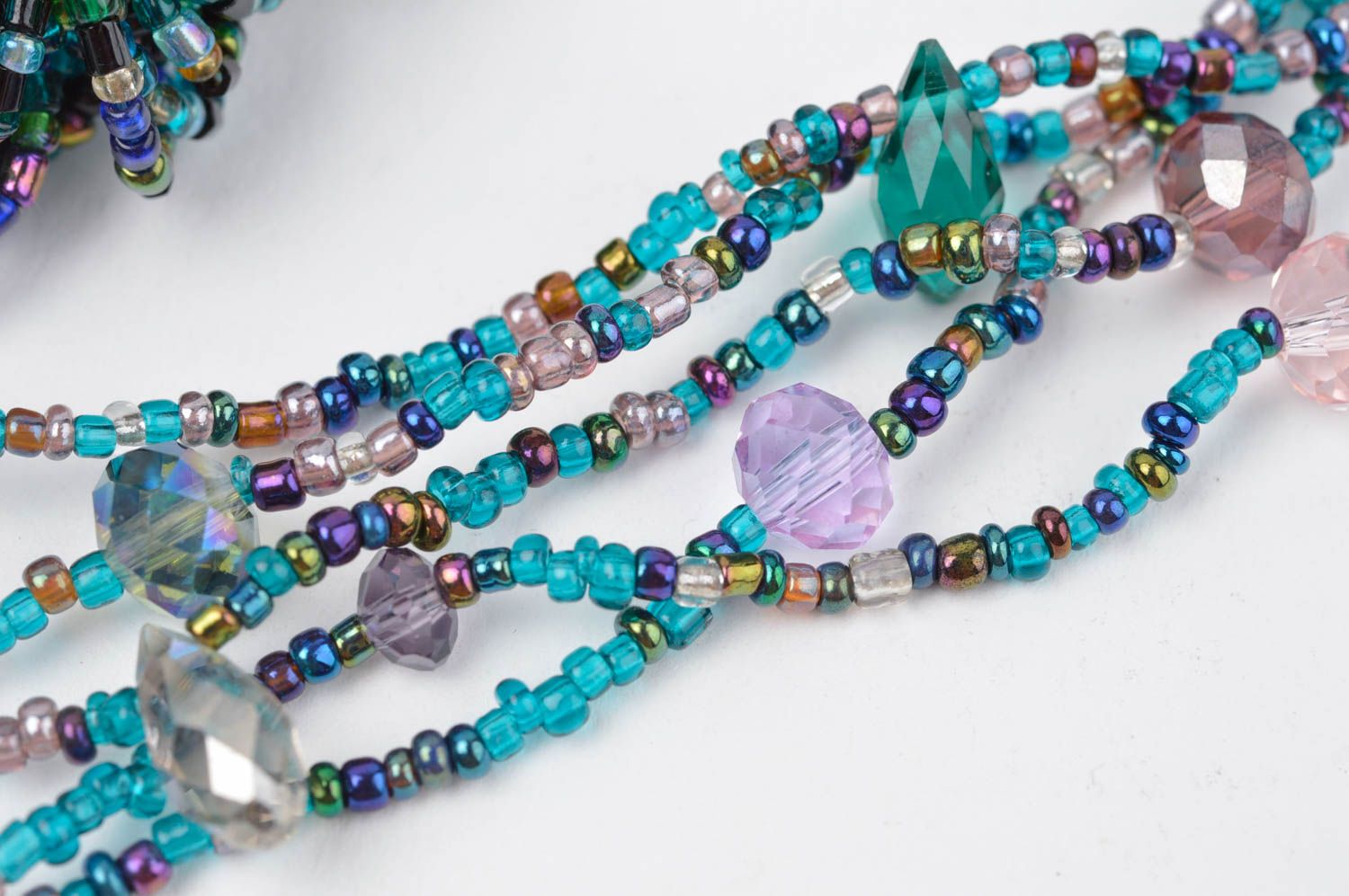 Set of handmade jewelry - beaded multi-layer necklace and bracelet in blue and purple color photo 3