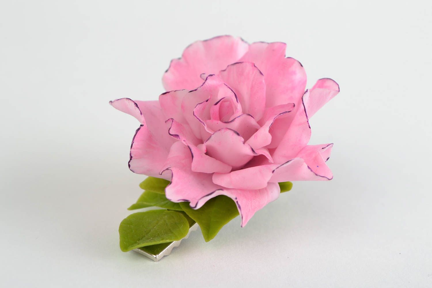 Красивая розовая заколка для волос с цветком из холодного фарфора хенд мэйд фото 4
