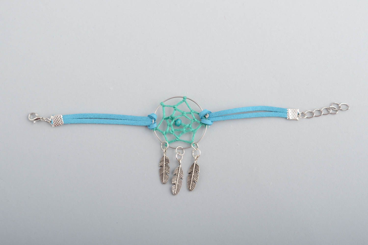 Handmade designer faux suede blue cord macrame bracelet with dreamcatcher amulet photo 2