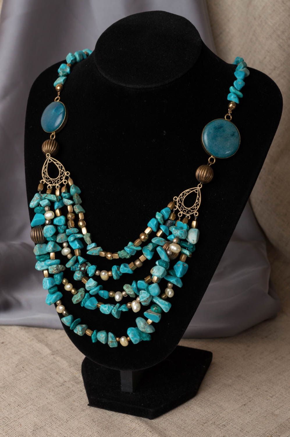 Handmade beautiful turquoise long necklace made of natural stones and metal photo 1