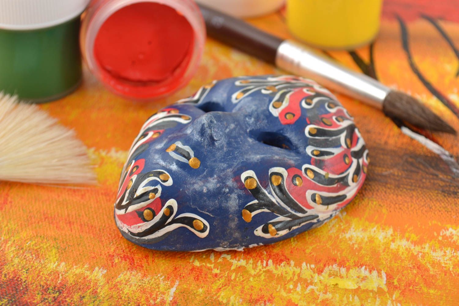 Beautiful handmade blue painted ceramic fridge magnet carnival mask photo 1