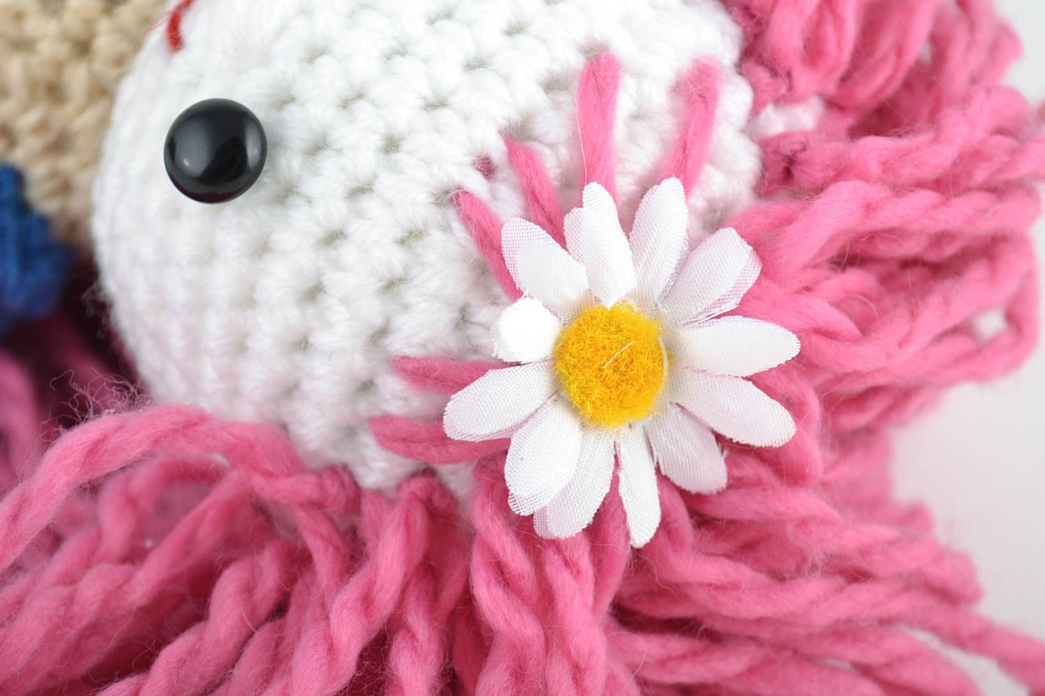 Handmade designer soft toy crocheted of wool and semi wool girl with pink hair photo 2