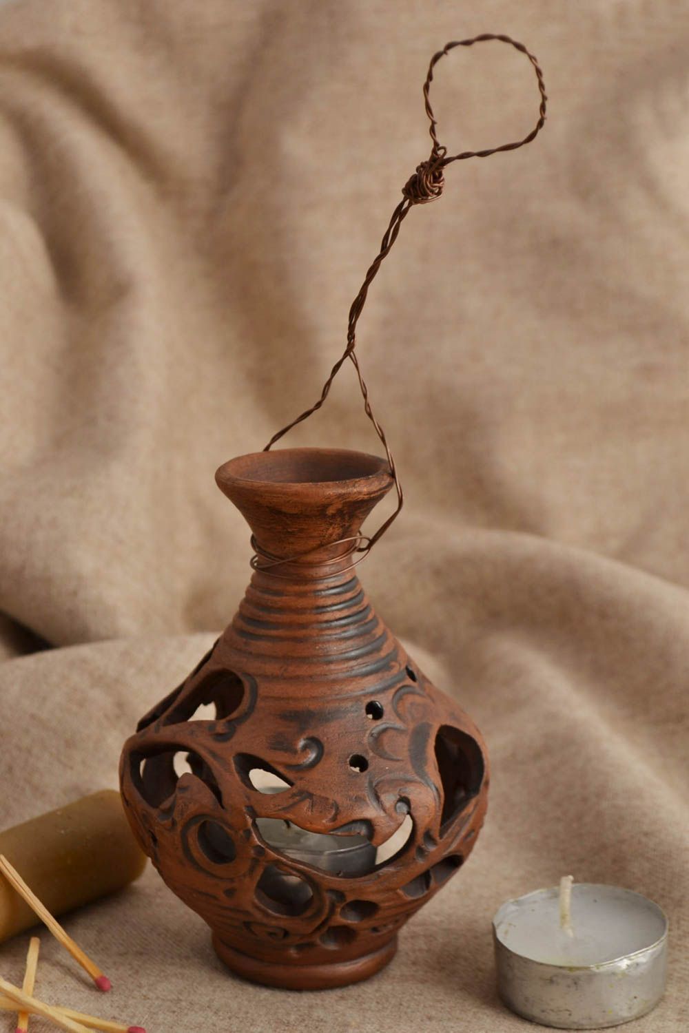 Handmade brown candlestick ceramic cute candlestick clay interior element photo 1