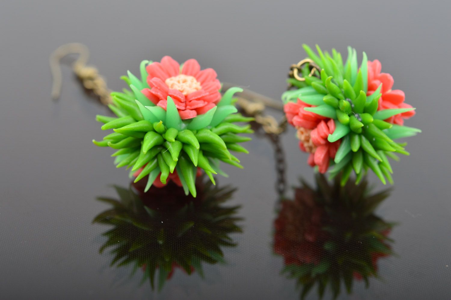Bright handmade women's long plastic earrings in the shape of flowers photo 4