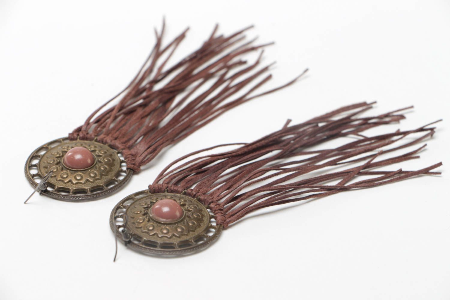 Brown long earrings made of leather with metal handmade unusual beautiful photo 4