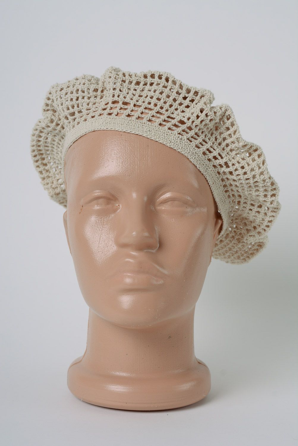 Tender lacy handmade beret hat crocheted of beige cotton threads for women photo 3