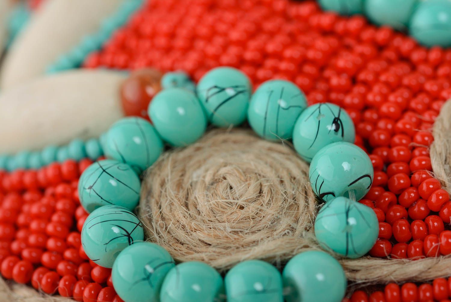 Handmade bead embroidered necklace with natural stones in turquoise and red colors photo 2