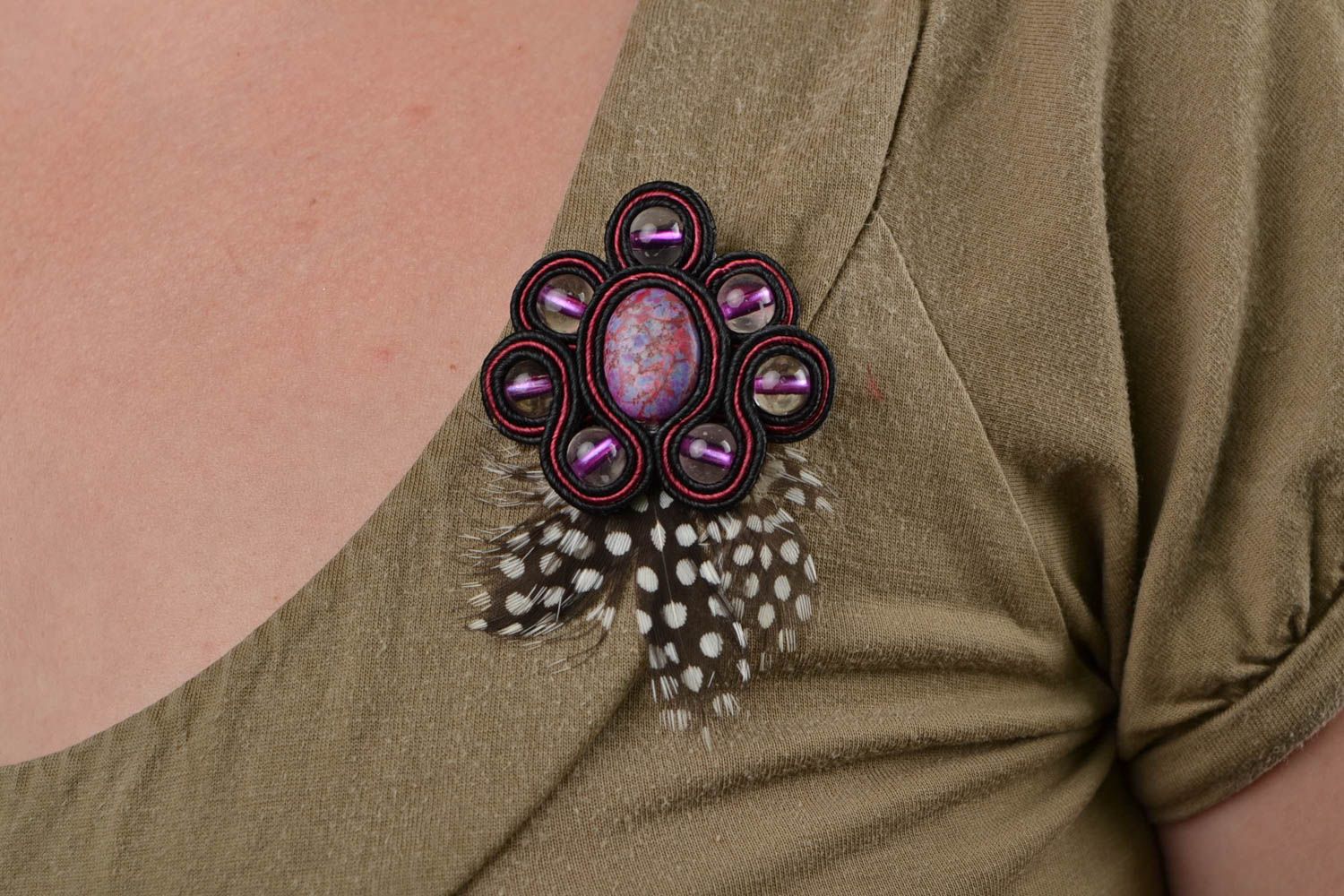 Handmade unusual design soutache brooch with feathers and natural howlite stone photo 2