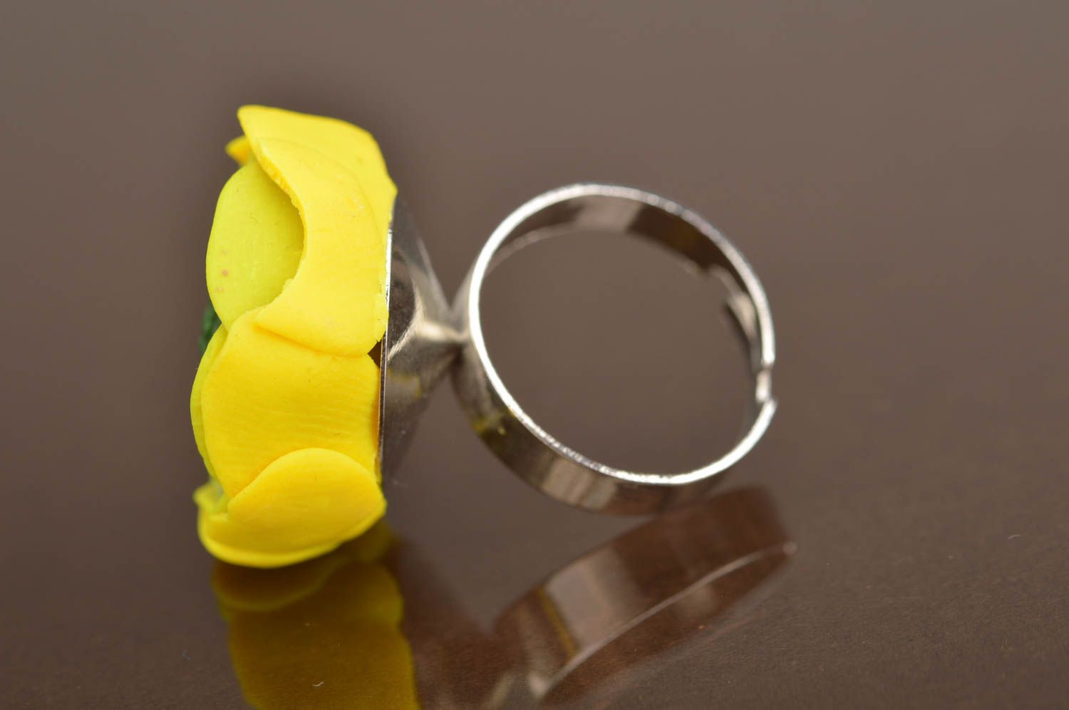 Handmade bright adjustable ring made of polymer clay in form of yellow peony photo 4