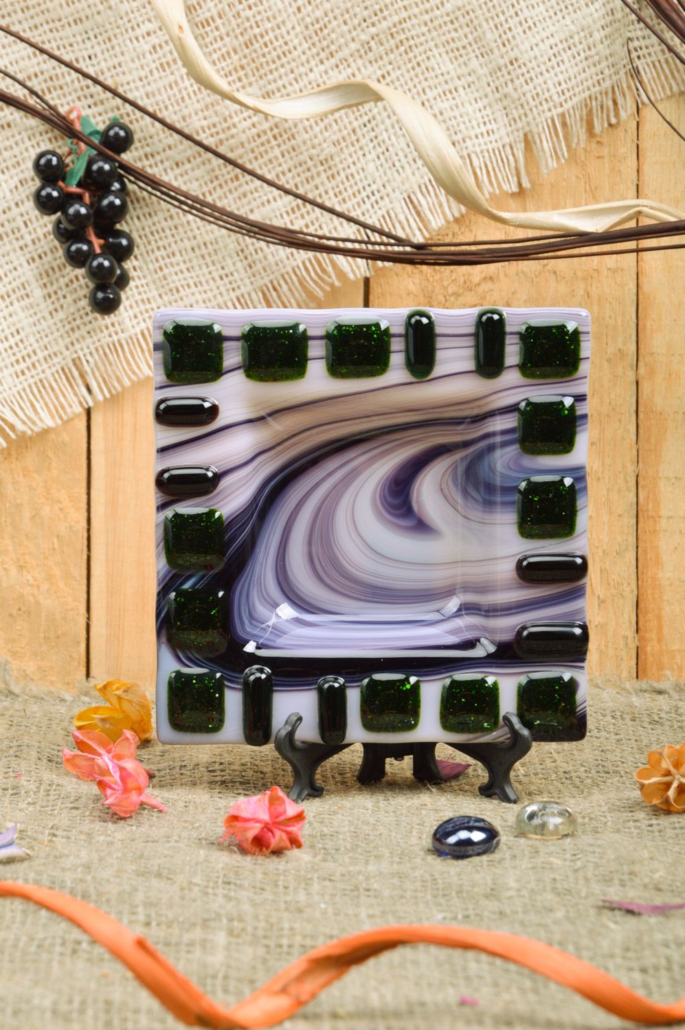 Handmade unusual designer square glass ashtray created using fusing technique photo 1
