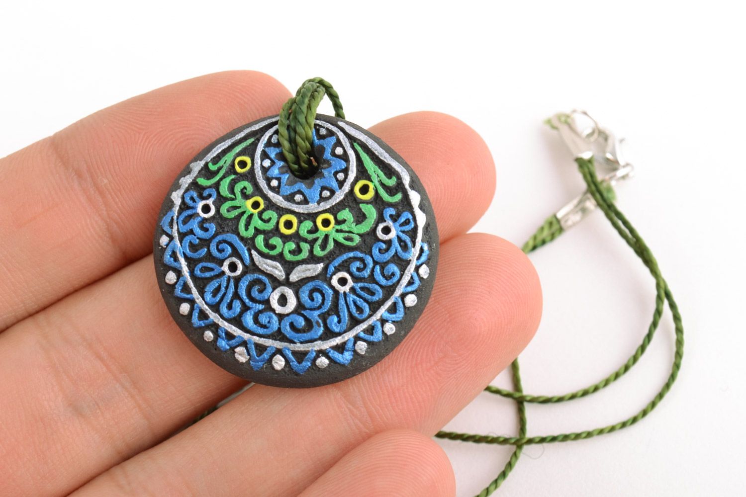 Women's handmade round clay neck pendant  with acrylic painting and cord photo 2