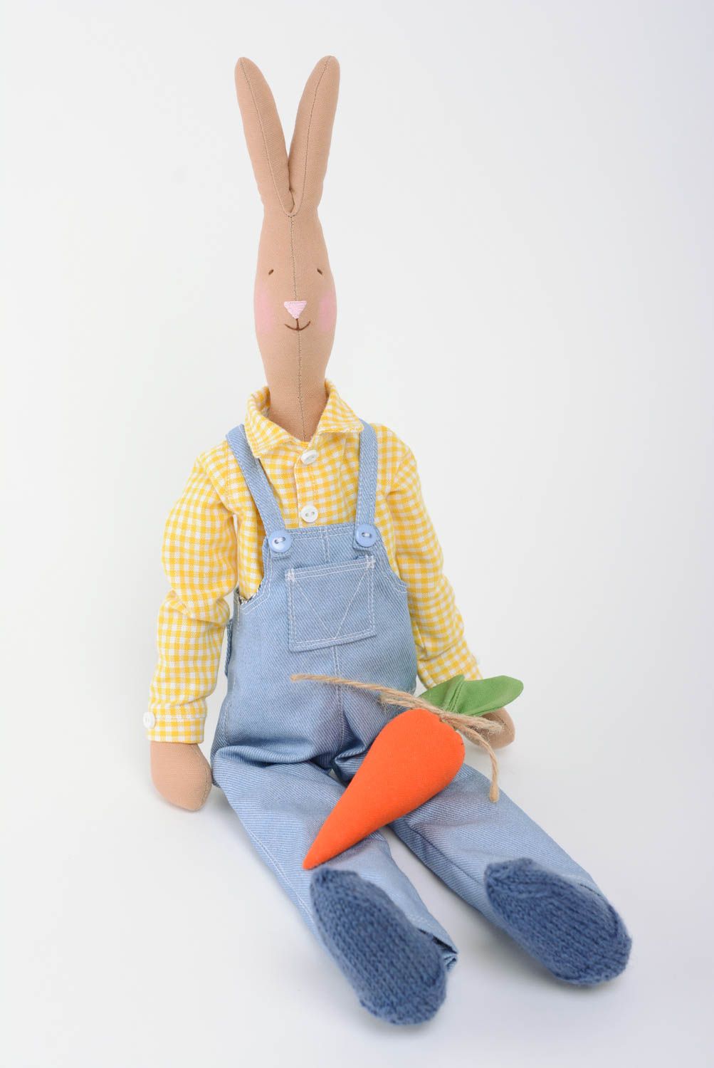 Beautiful small handmade fabric soft toy hare in overalls for interior decor photo 1