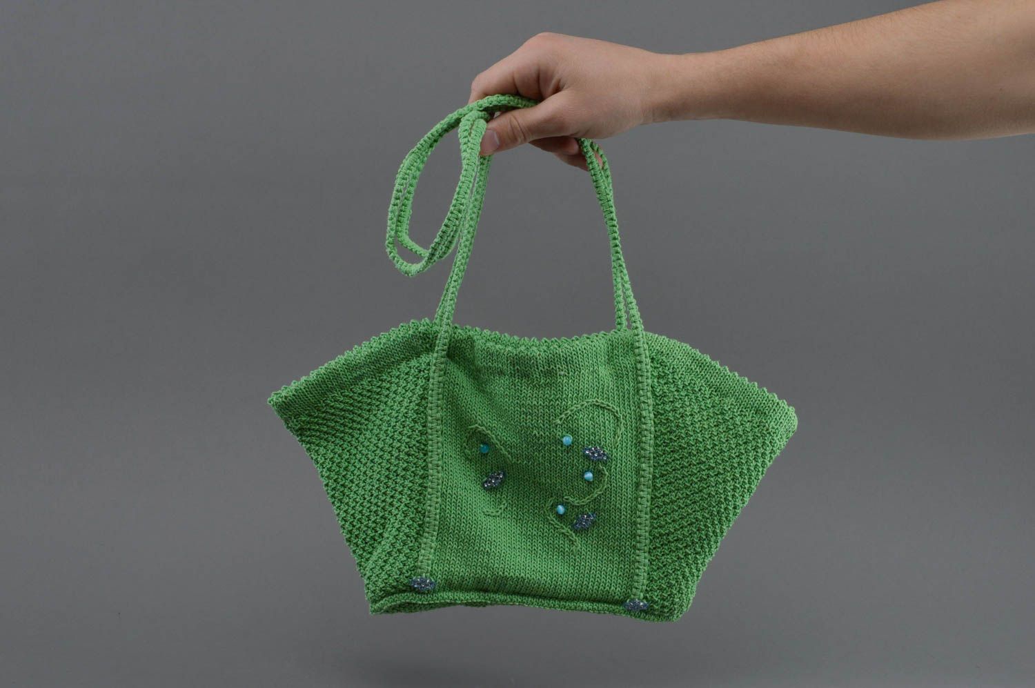 Knitted stylish shoulder bag of green color cotton handmade roomy purse photo 4