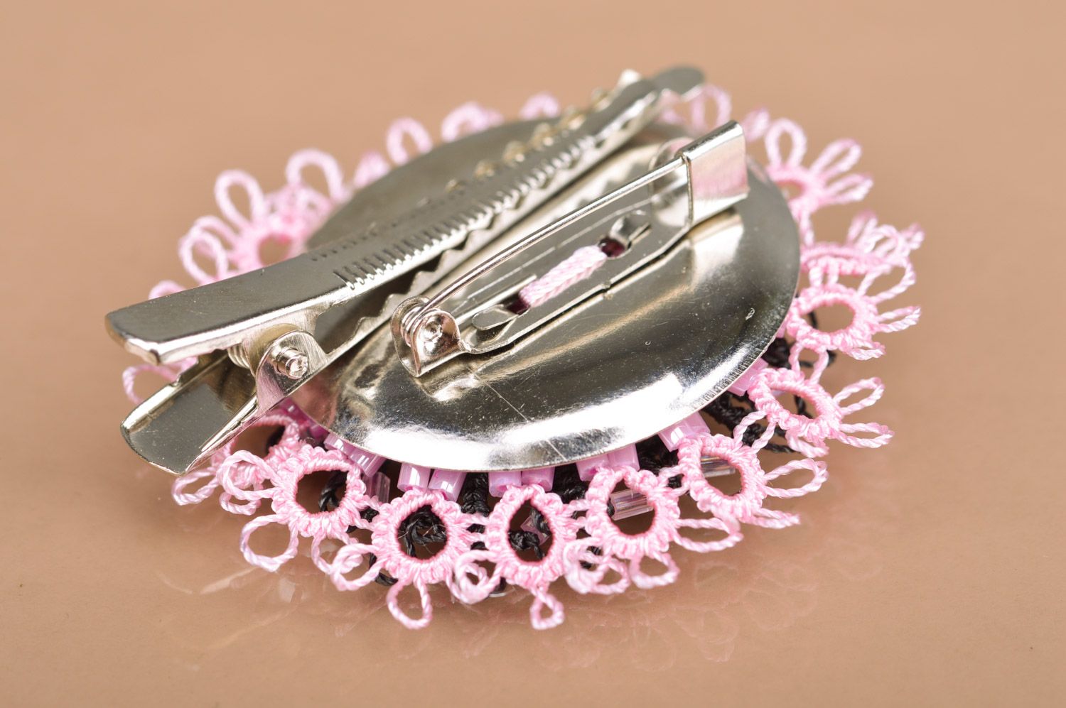Handmade ankars tatting woven flower brooch hair clip with Czech beads photo 4
