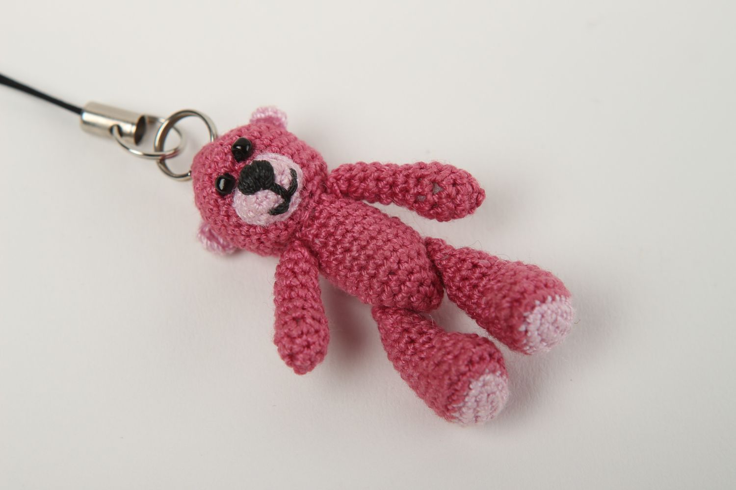 Porte-clés ourson fait main Bijou de sac rose coton fils Cadeau original photo 3