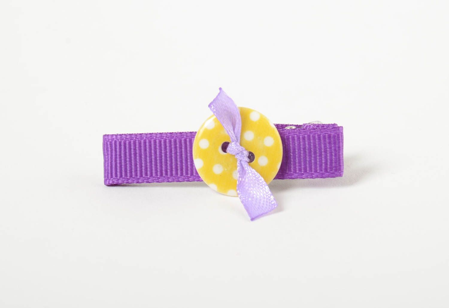 Handmade children's hair clip with button yellow with purple stylish barrette photo 4