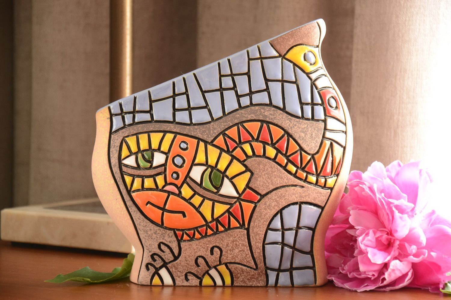 Breite schöne künstlerische dekorative Vase aus Ton für 1.2 L bemalt handmade foto 1