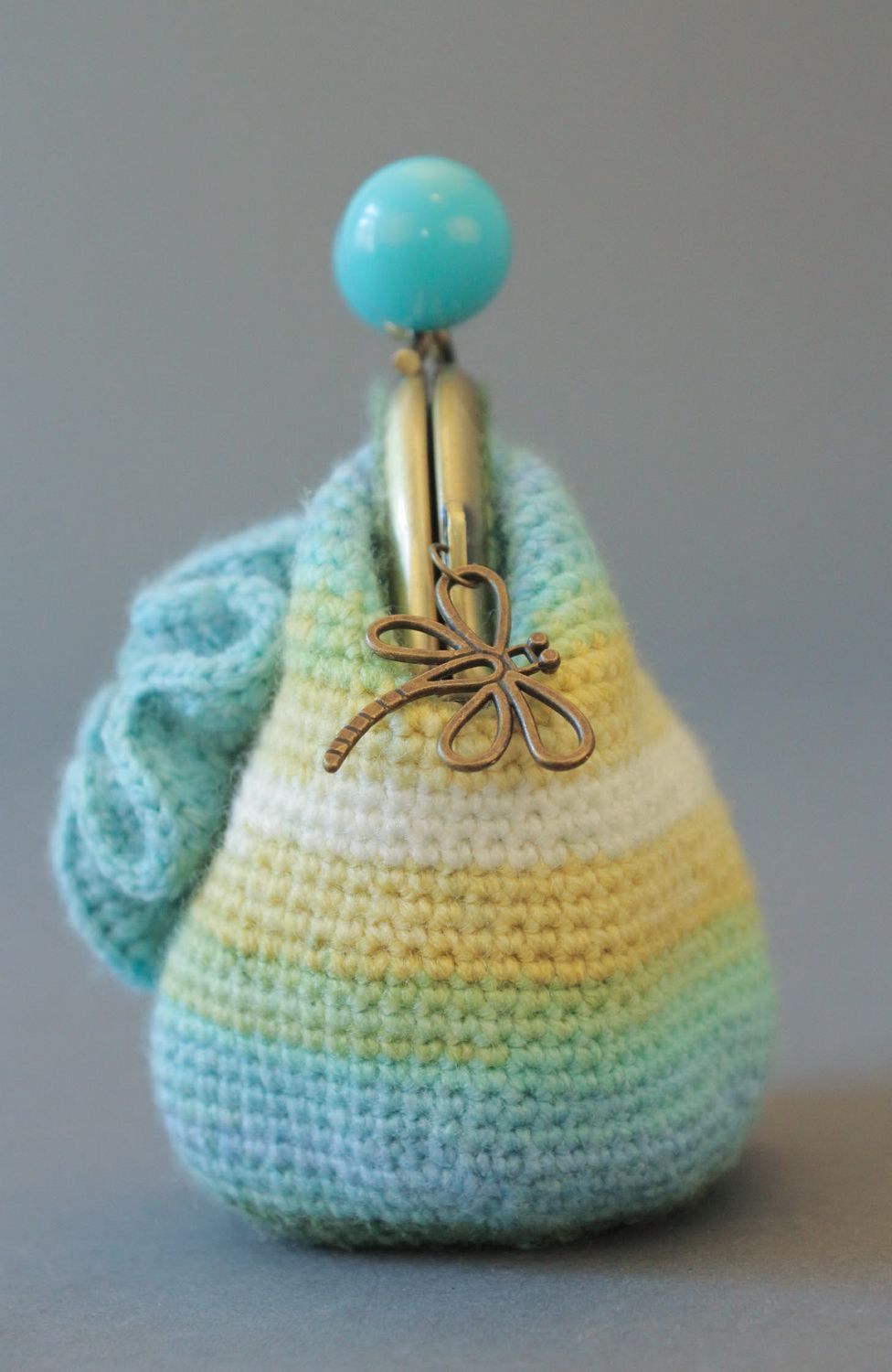Cotton purse with knitted flower and dragonfly photo 2