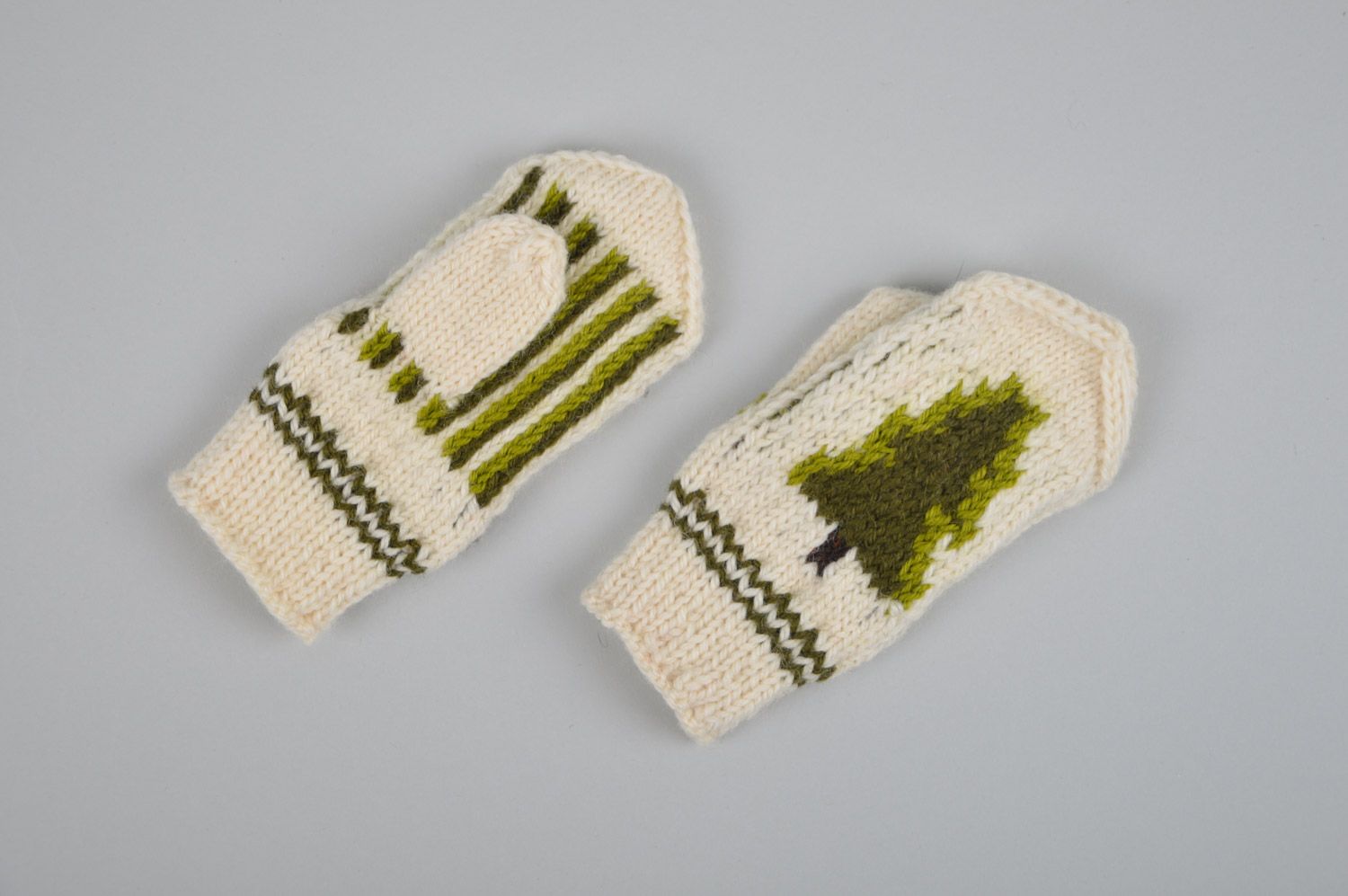 Handmade small mittens knitted of natural wool with fir trees Christmas present photo 4