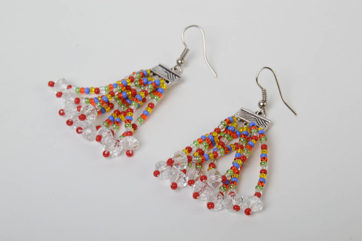 Multicolored handmade designer earrings with fringe woven of Czech beads photo 2