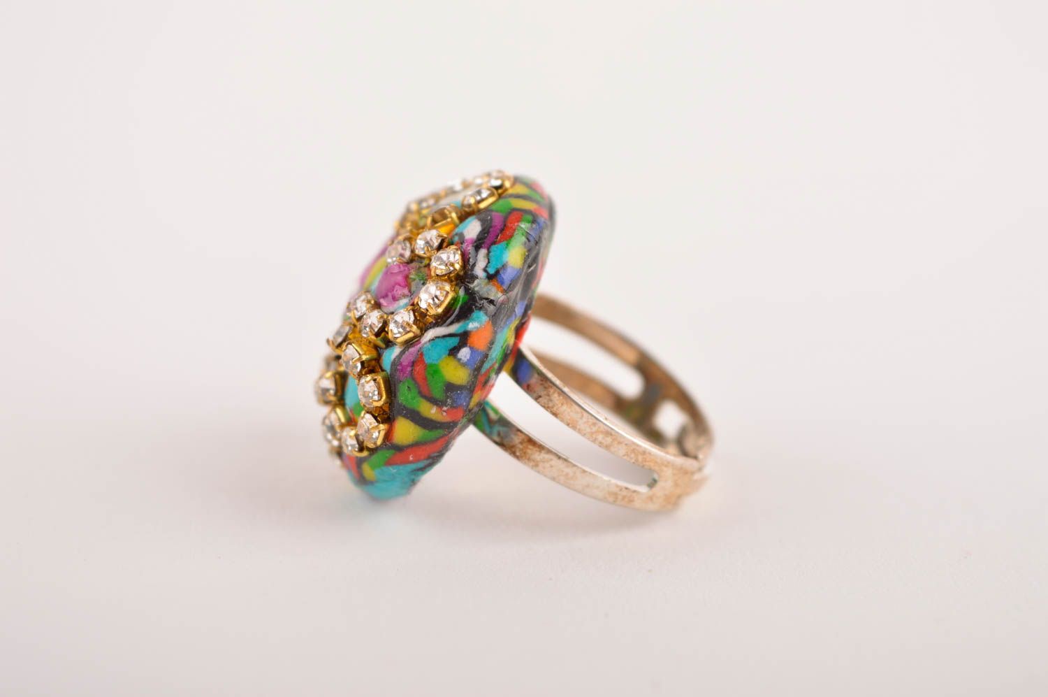 Кольцо ручной работы украшение из полимерной глины украшение кольцо со стразами фото 3