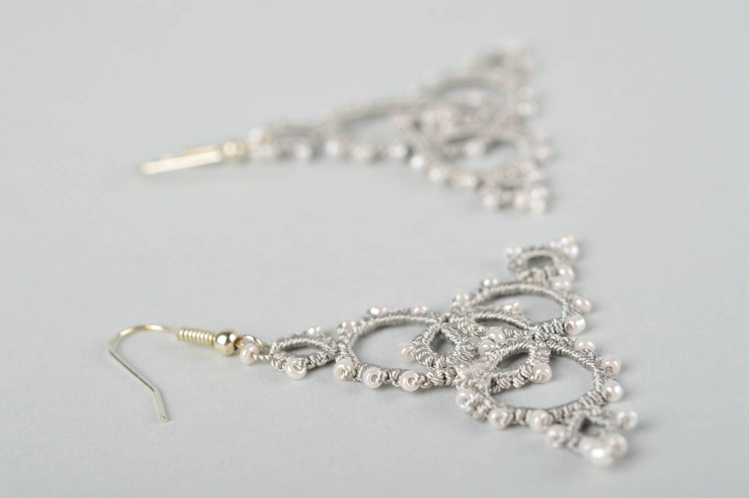 Beautiful handmade woven thread earrings textile earrings with beads gift ideas photo 3
