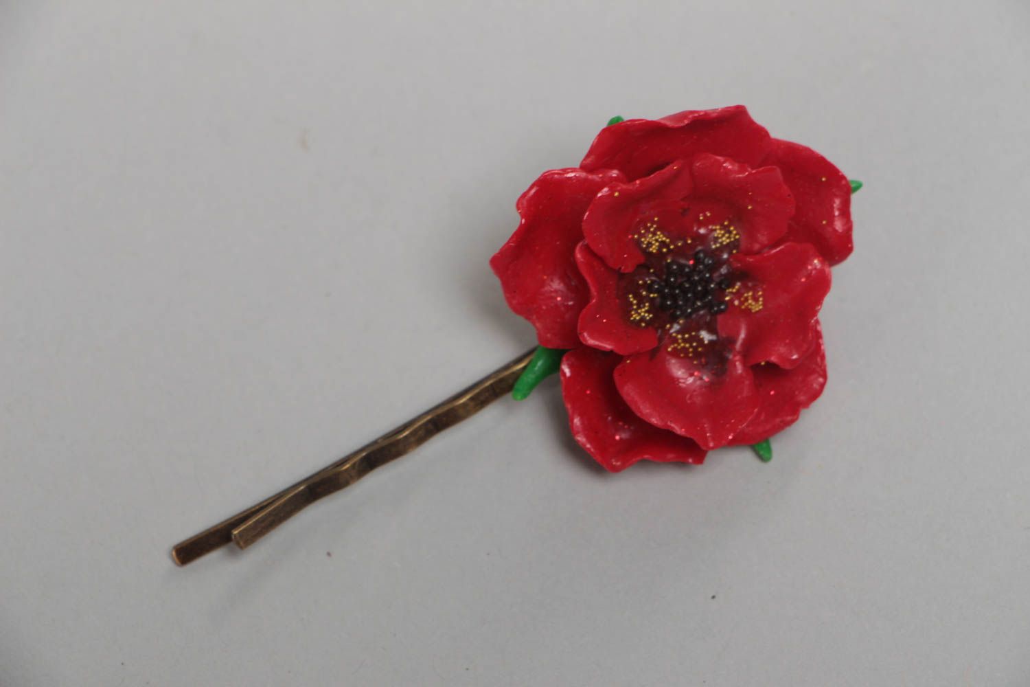 Pince invisible pour cheveux fleur de pavot rouge en pâte polymère faite main photo 2