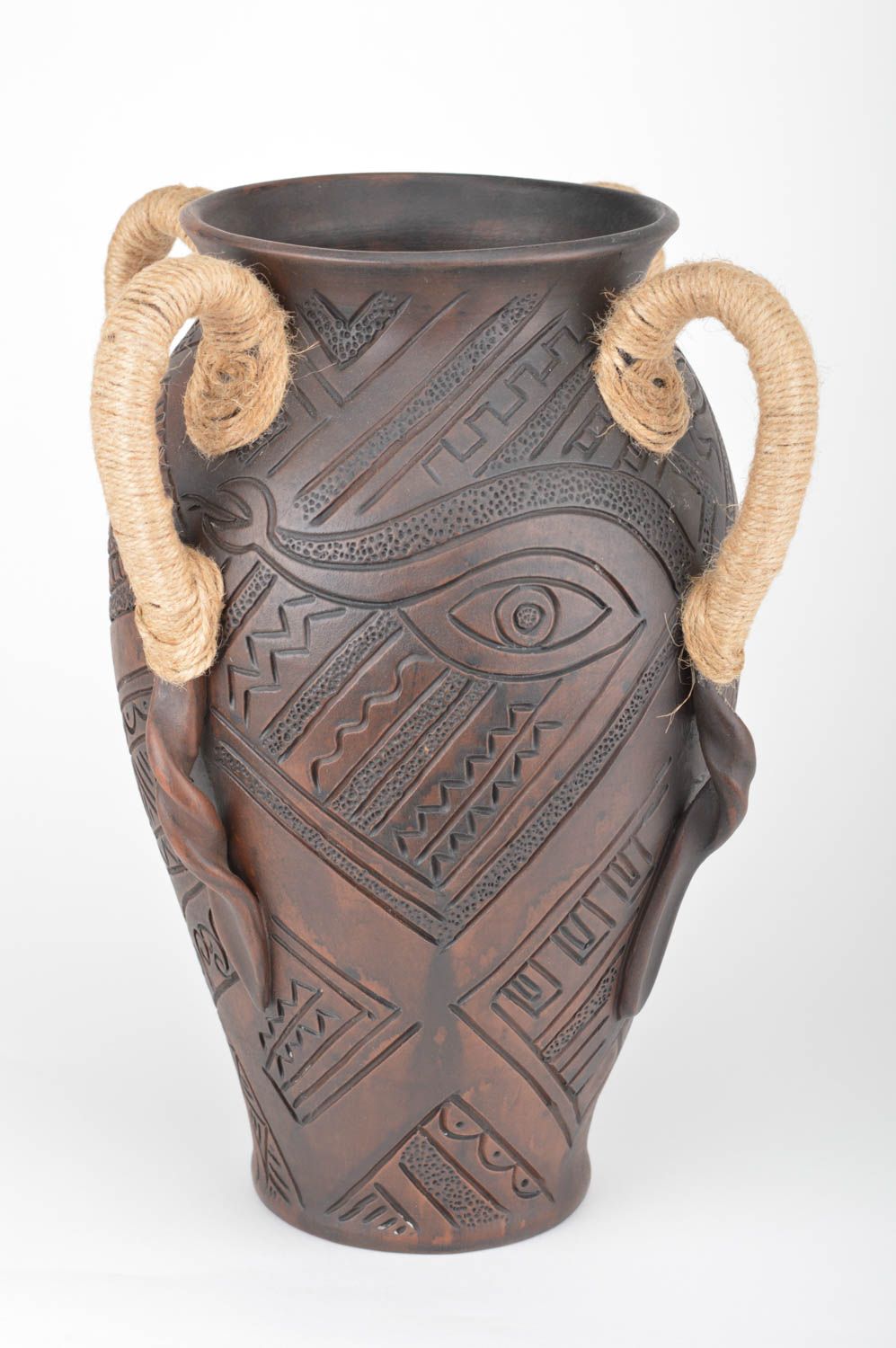 Vase artisanal terre cuite marron 4 anses 3 L à motif original décor fait main photo 2