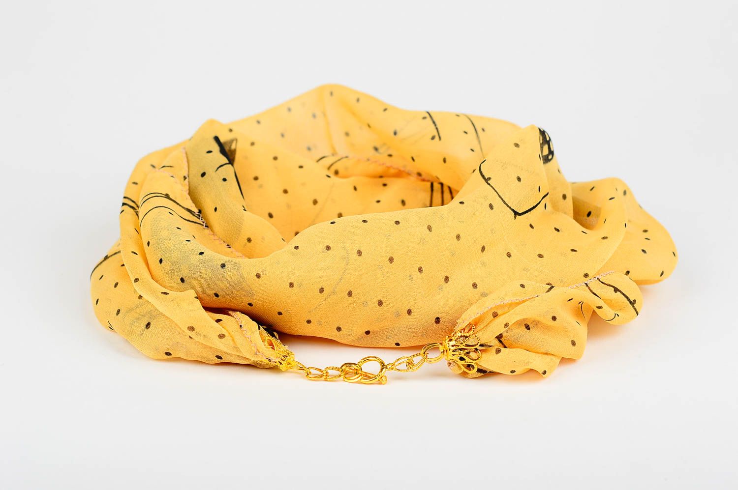 Шарф ручной работы женский шарф легкий шифоновый шарф желтый в горошек красивый фото 1