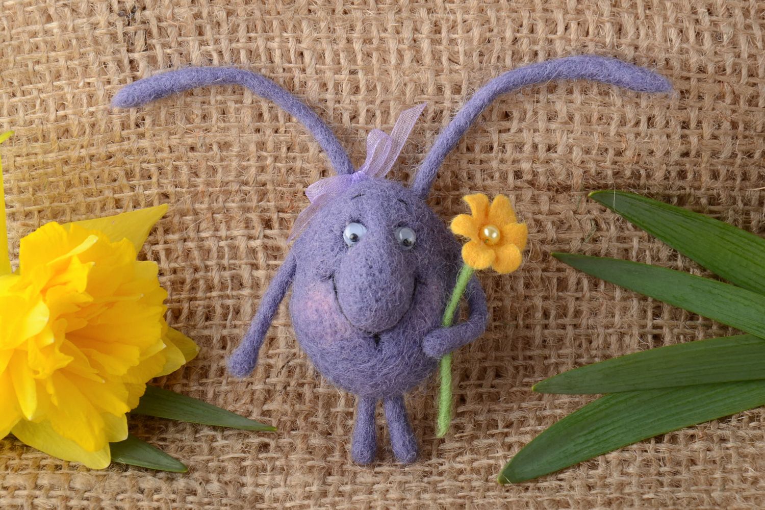 Handmade fridge magnet soft toy felted of natural wool violet rabbit with flower photo 1