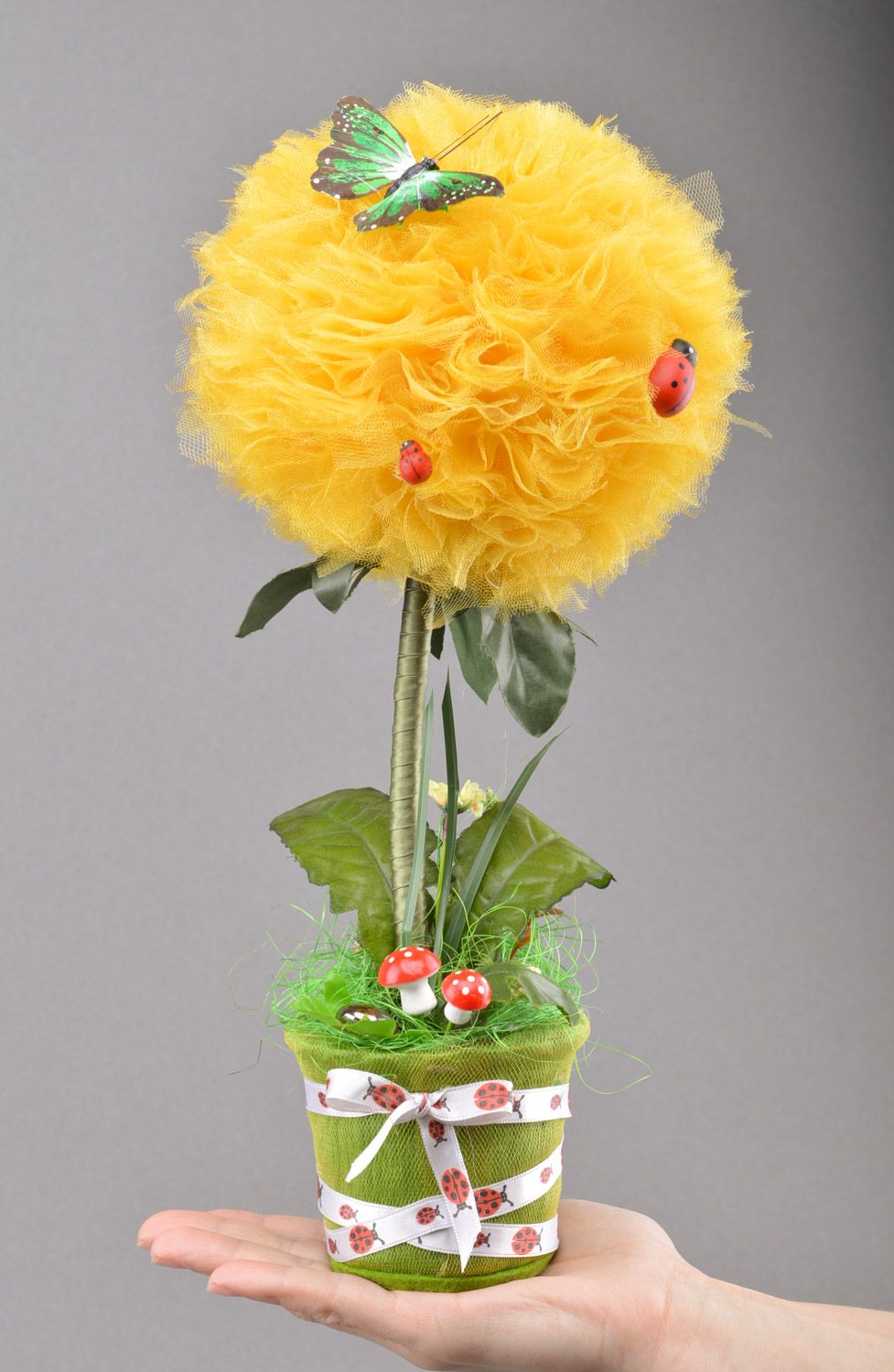 Handmade decorative yellow tulle topiary with ribbons and butterfly in pot photo 1