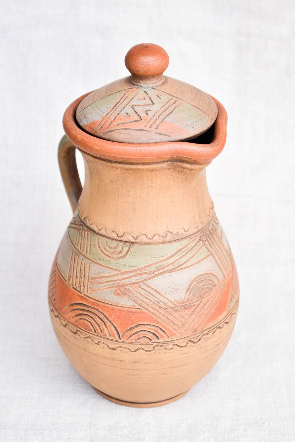 Глиняный кувшин ручной работы посуда из керамики емкость для питья с крышкой фото 3