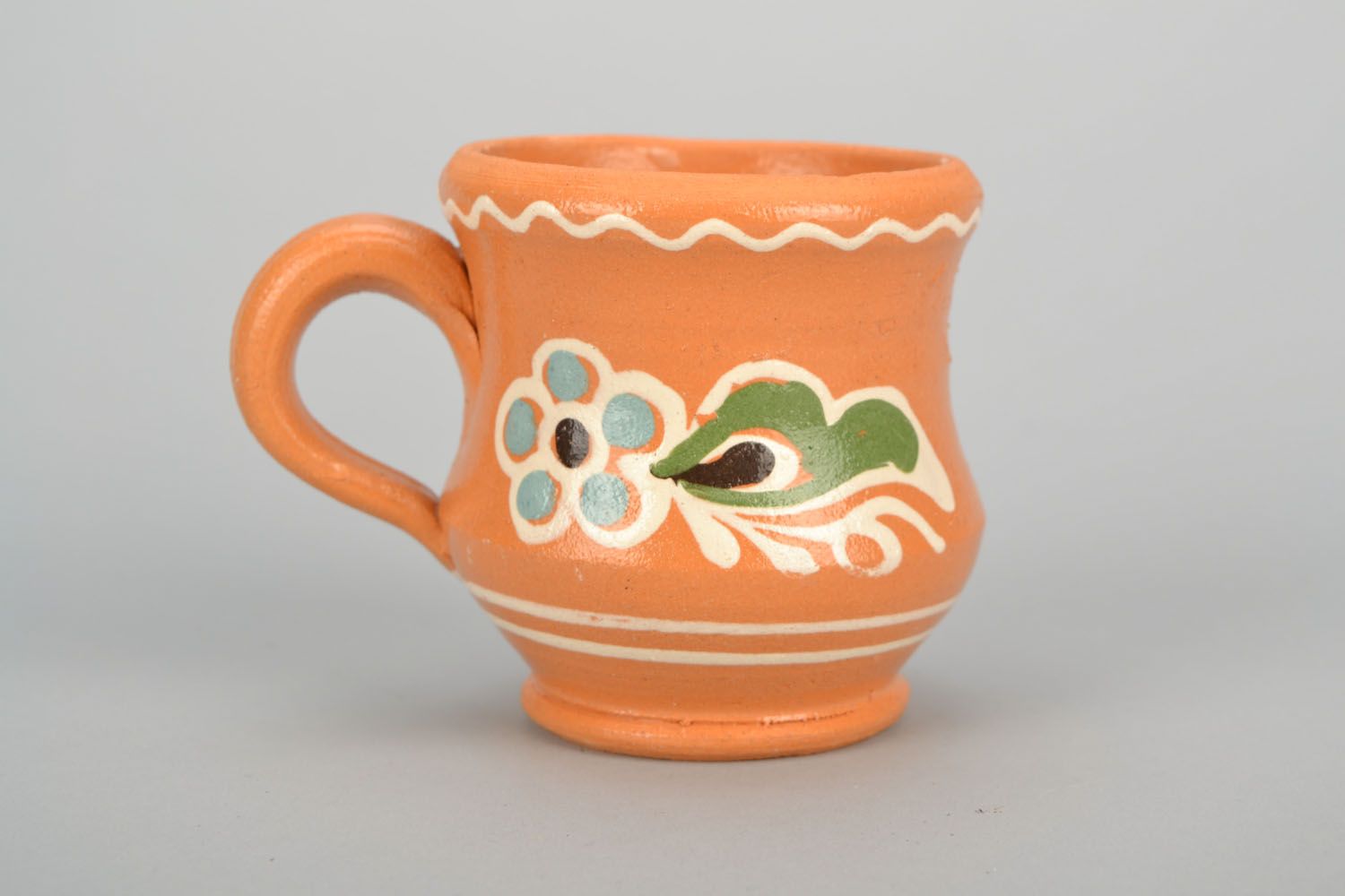 8 oz handmade pottery decorative clay drinking cup with floral pattern in yellow color photo 3