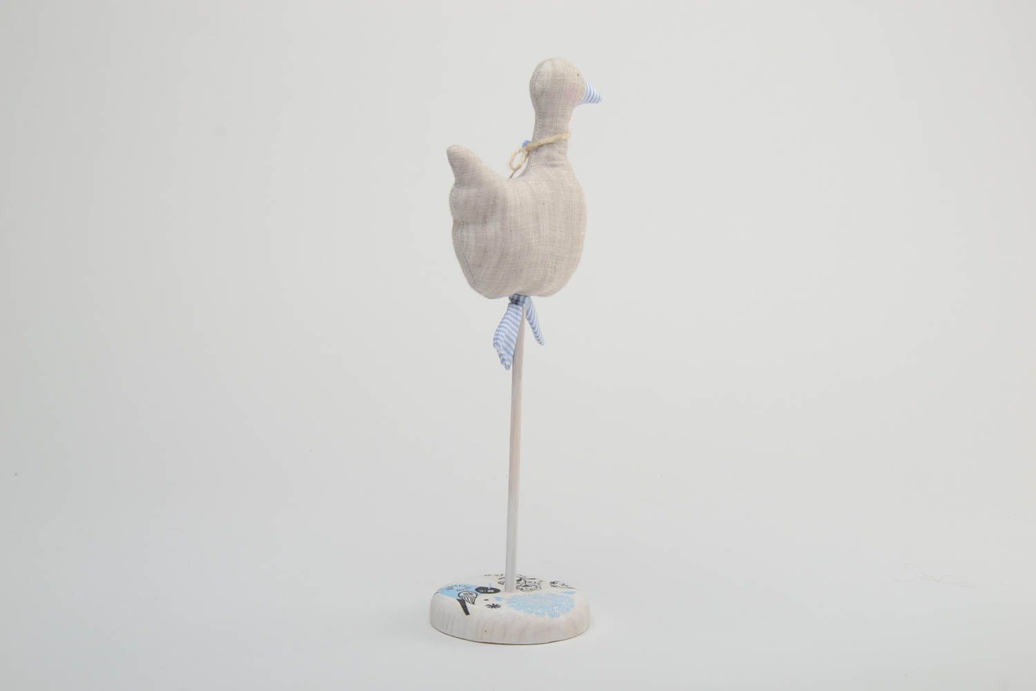 Handmade fabric soft figurine of bird on wooden stand for interior decoration photo 4