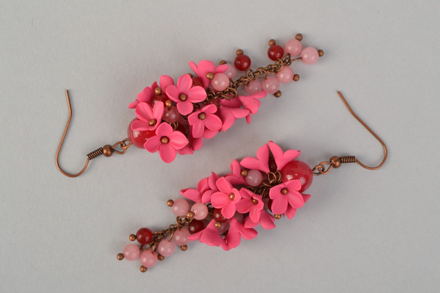 Cute handmade long earrings with polymer clay pink flowers with nephrite stone photo 3