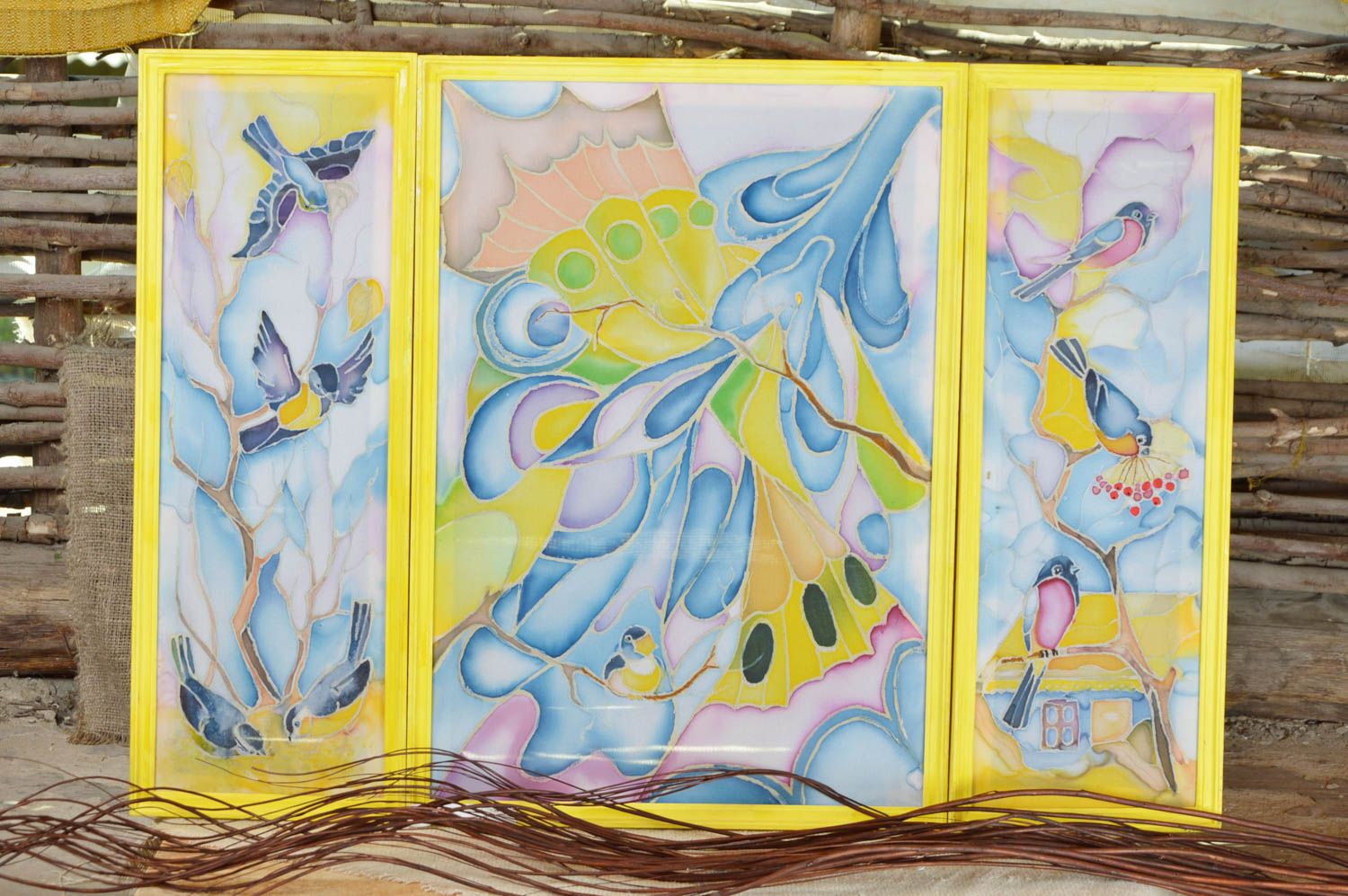 Tableau fait main triptyque original batik à froid cadre jaune Oiseaux d'hiver photo 1