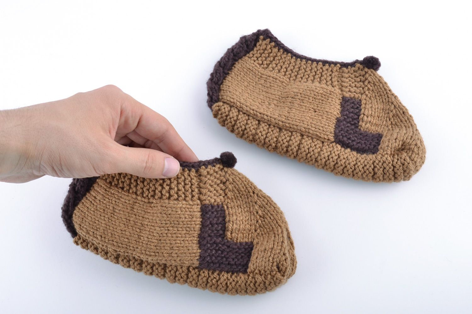 Unusual beautiful women's knitted half-woolen slippers of brown color photo 5