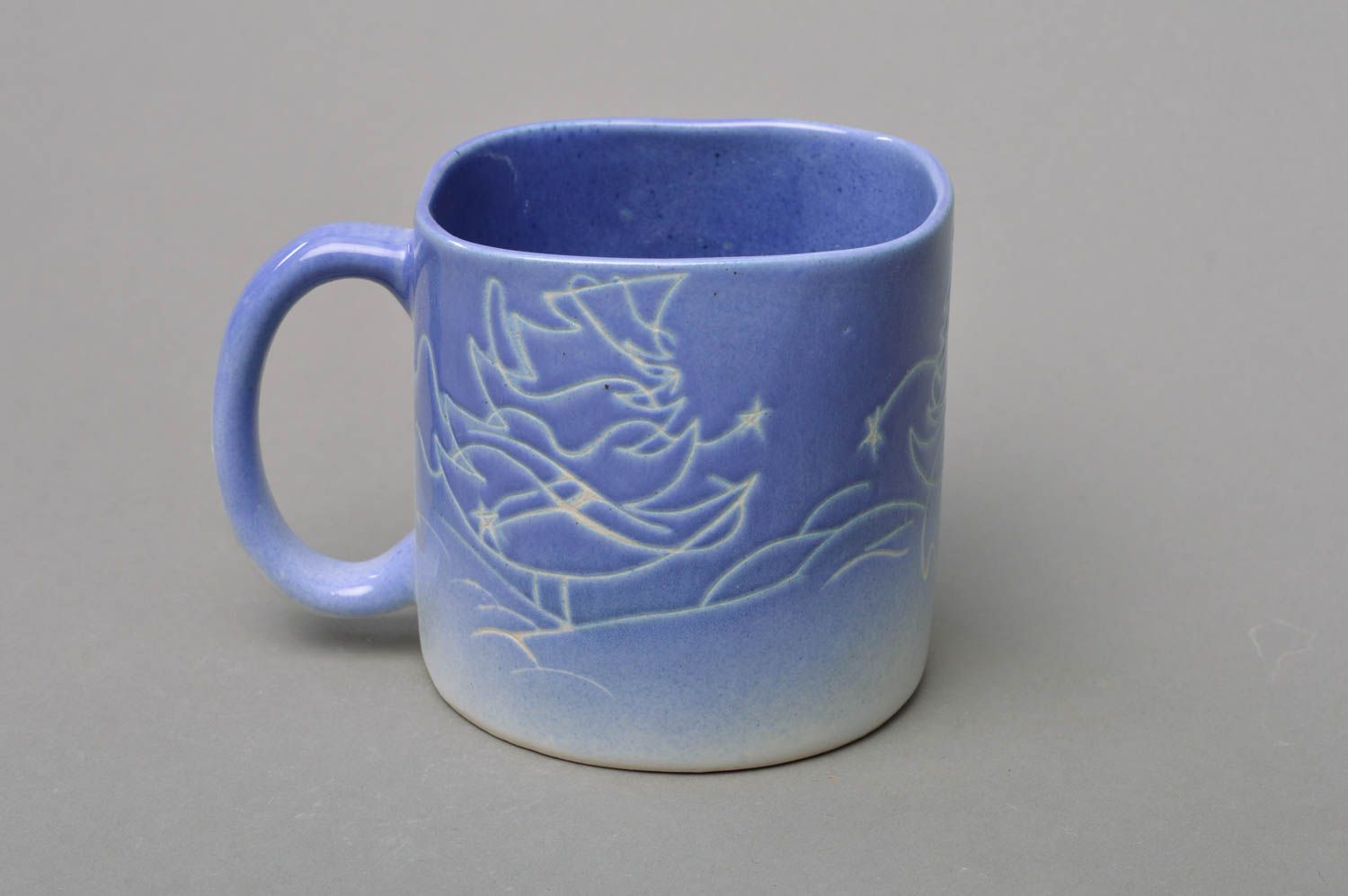 Blue clay cup glazed with handle and snowman pattern 0,62 lb photo 2